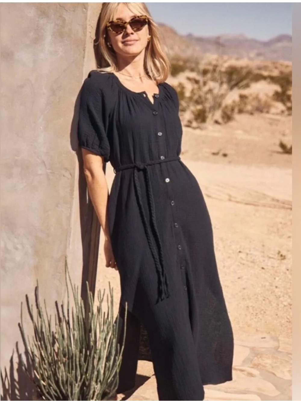 Marine Layer Erin Shirt Dress M Black Cotton Gauze Button Front Midi Puff Sleeve
